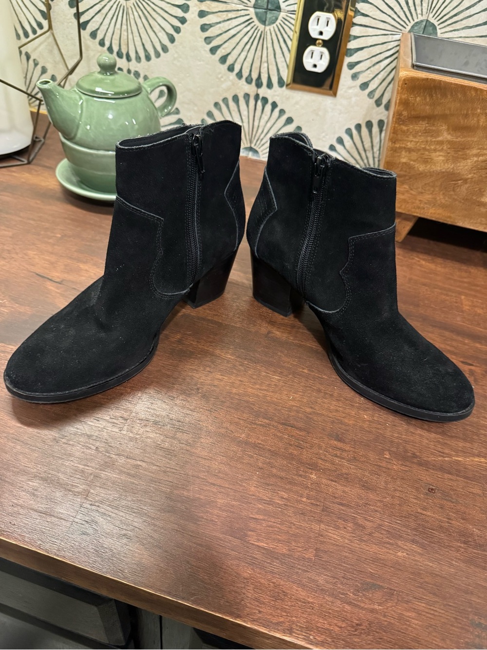 Crown Vintage Black Suede Ankle Booties with Block Heel